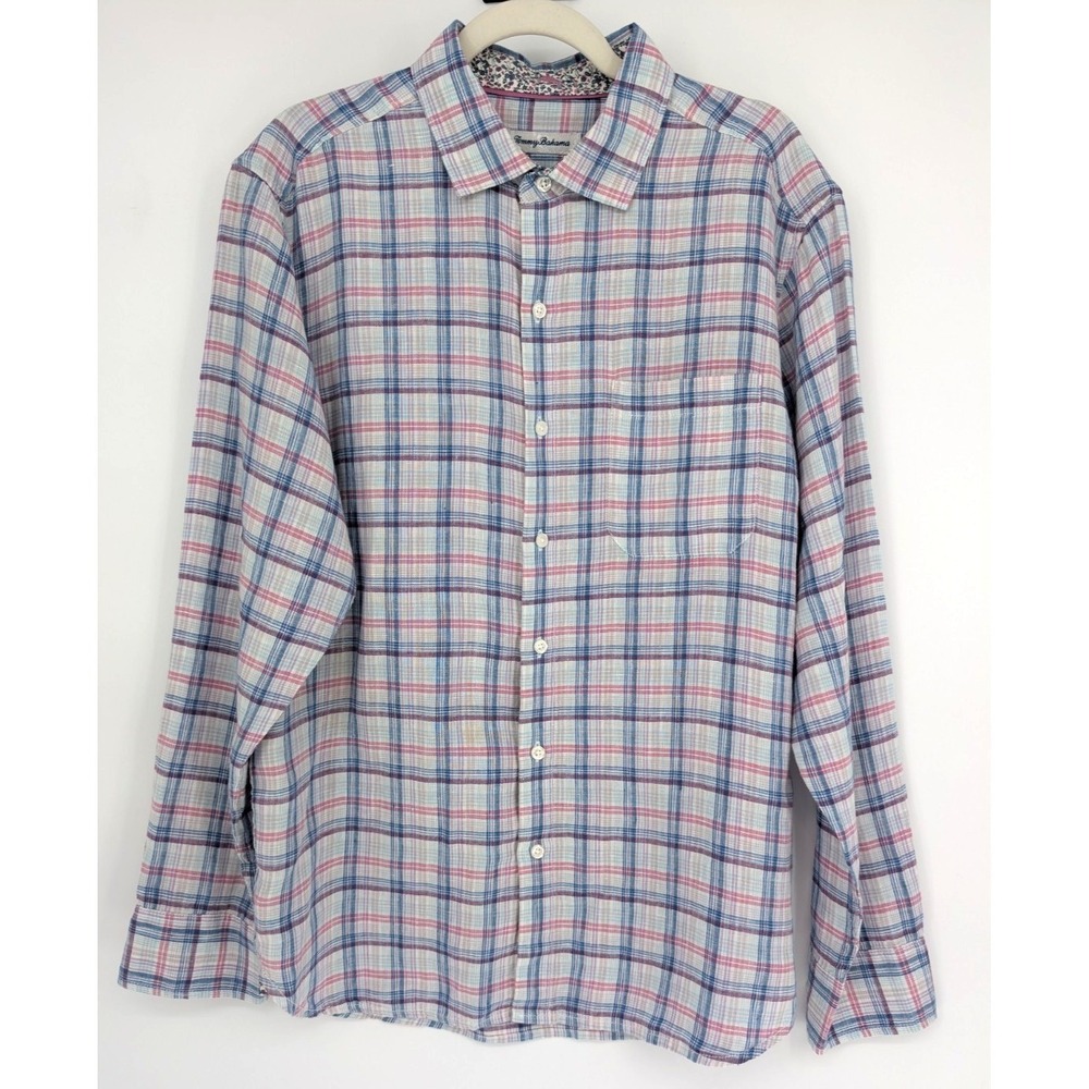 Tommy Bahama Mens Pink Blue Plaid Linen Button Front Shirt Medium Coastal Casual